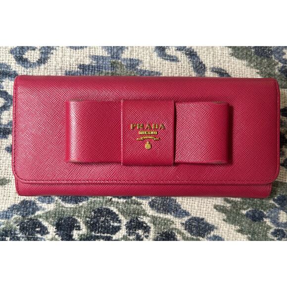 Authentic Prada Ribbon Continental Saffiano Leather Wallet in Pink w/COA - Picture 1 of 16